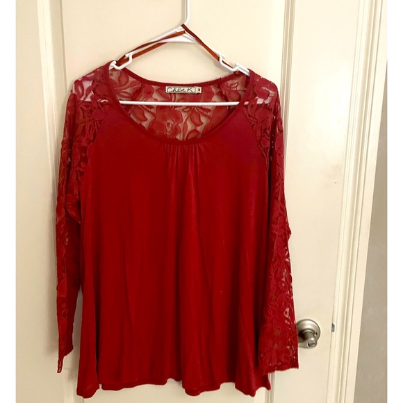 Chloe K Tops - Chloe K Red Lace Sleeve Top